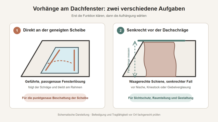 Schematische Gegenüberstellung: geführte Beschattung direkt am Dachfenster und senkrechter Maßvorhang vor der Dachschräge