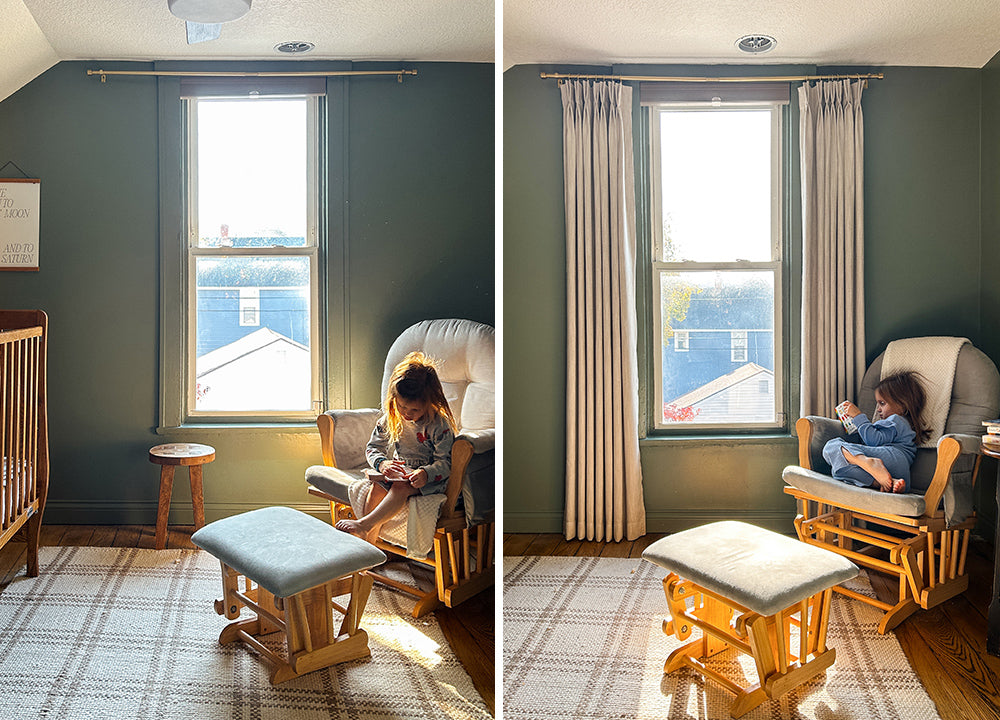 Vorher-Nachher-Vergleich eines Kinderzimmers: links das Fenster ohne Vorhänge, rechts dasselbe Fenster mit cremefarbenen Curtarra Faltenvorhängen.